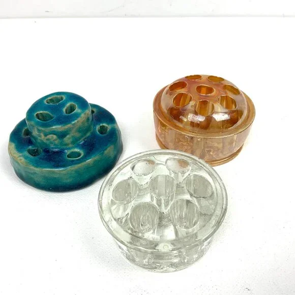 Vintage Flower Frogs Set Of 3 Clear, Carnival Glass, Ceramic - Picture 3 of 16